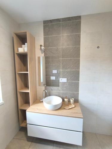 a bathroom with a sink and a mirror at Apartman Tropic in Galanta