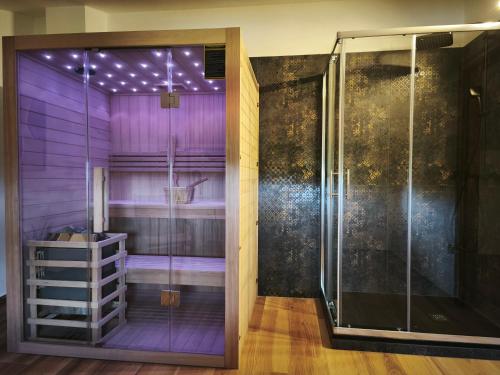 a bathroom with a shower with purple lighting at Villa Dol an ideal spa and wellness escape in Istria in Buzet