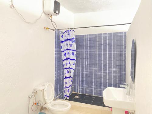 a bathroom with a toilet and a blue shower curtain at Samuge Village in Namacurra