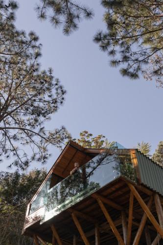 a person sitting on top of a tree house at Chalés do Tabuleiro in Palhoça