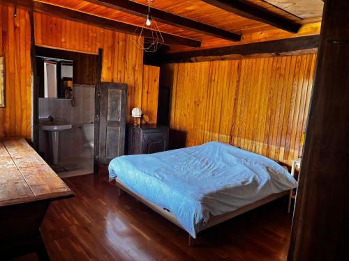 a bedroom with a bed and a wooden wall at Ancienne maison dans petit village savoyard in La Trinité