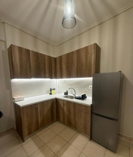 a kitchen with wooden cabinets and a sink and a refrigerator at Domus Philippi in Larisa