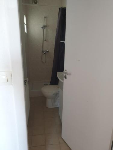 a bathroom with a toilet and a shower in it at L'escapade 12 personnes 6 chambres in Carolles