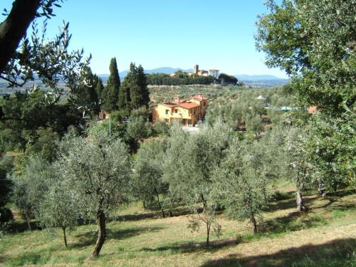 a field of trees with a house in the distance at Villa Pilar in Toscana con piscina ultrapanoramica in Montevettolini