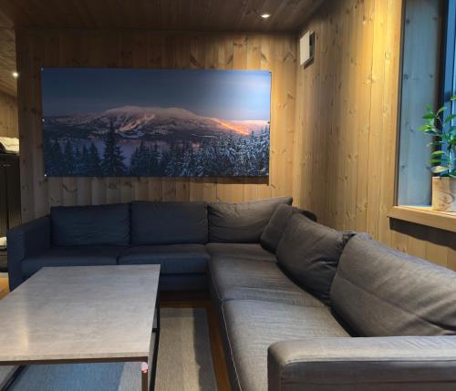 ein Wohnzimmer mit einer Couch und einem Gemälde an der Wand in der Unterkunft Alpine Crown Trysil in Trysil