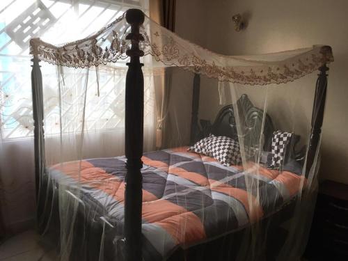 a canopy bed in a bedroom with a window at Furnished 2BR Apt with Wi-Fi, AC, gym, pool in Kampala in Kira