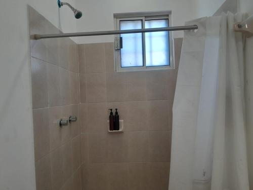 een badkamer met een douche en een raam bij Casa para toda la familia o amigos Zona Industrial Monterrey in Monterrey