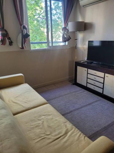 un salon avec un canapé et une télévision dans l'établissement Carnot, à Cannes