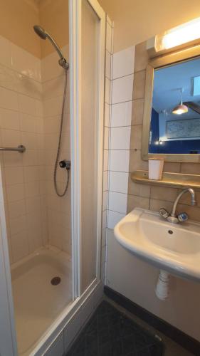 a bathroom with a shower and a sink at La Grange Blanche in Saint-Germain