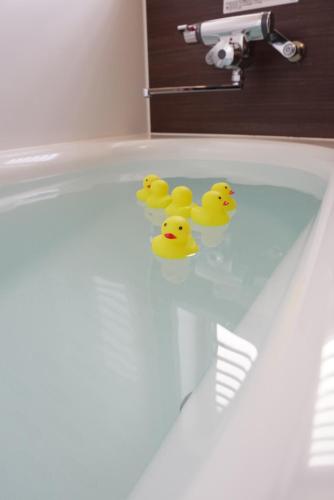 a group of rubber ducks in a bath tub at GLANZ KEI Kyoto Station in Kyoto