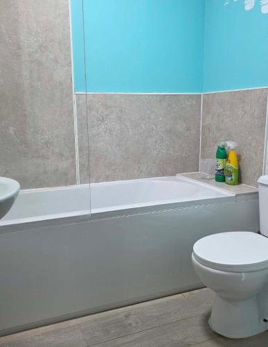 a bathroom with a tub and a toilet and a sink at Oge's Apartment in Bradford