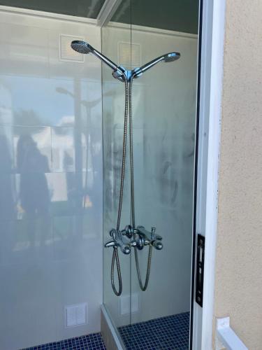 a shower with a glass door in a bathroom at Suite solarium Km21 in Vera