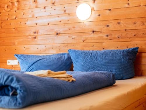a bed with blue pillows and a wooden wall at Haus Joachim in Winkle