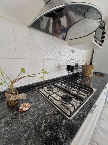 a kitchen counter top with a stove top oven at ALMAS CASAS de SIERRAS in San Lorenzo