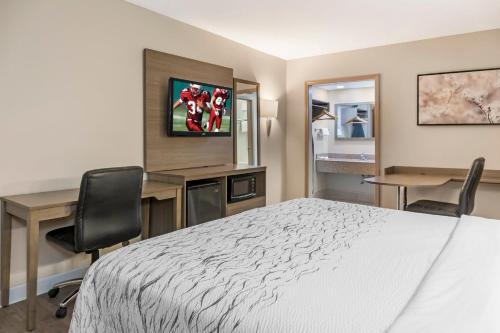 a hotel room with a bed and a desk and a television at Red Roof Inn Bowling Green in Bowling Green