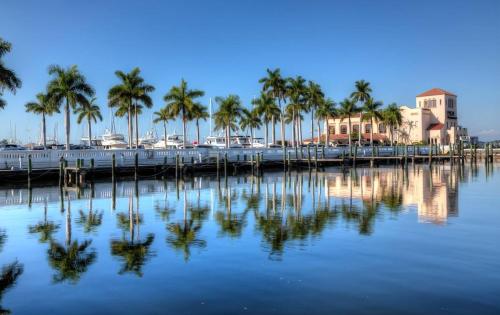 a view of a marina with palm trees in the water at Luxe King Studio near Anna Maria Island with Private Parking and Beach Gear and WIFI in Bradenton