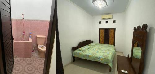 a bedroom with a bed and a bathroom with a shower at Cosinus Purwosari in Yogyakarta