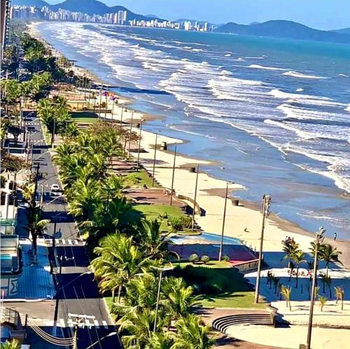 a view of a beach with palm trees and the ocean at Encontro marcado in Praia Grande
