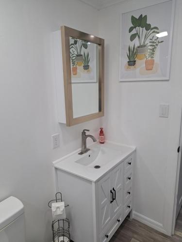 a white bathroom with a sink and a mirror at Country Blue Getaway by the Ranch Fields in Auburndale