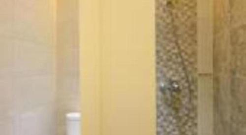 a bathroom with a shower curtain and a toilet at Griya Jogja Hotel in Yogyakarta