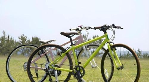 a yellow bike parked in the grass in a field at Nest West Garden Tosa Hotel in Shimanto