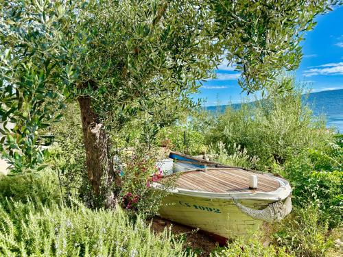 a boat sitting in the grass next to a tree at Apartmani Klaudija in Valun