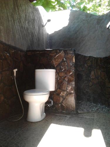 a bathroom with a toilet in a stone wall at Pondok Balian in Selemadeg