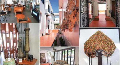 a collage of photos of a building with a collage of photos of furniture at AT Kung Kra baen Hotel and Residence in Chanthaburi