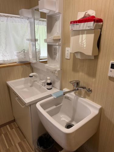a bathroom with a sink and a mirror at 民泊絹家 in Izume