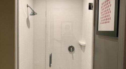 a shower with a glass door in a bathroom at Pacific Motor Inn in San Jose