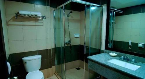 a bathroom with a shower and a toilet and a sink at MO2 Westown Hotel San Juan in Bacolod