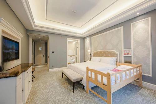 a large bedroom with a bed and a television at Yin Run Jin Jiang Castle Hotel in Huzhou