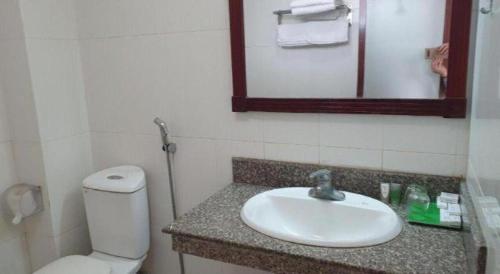 a bathroom with a sink and a toilet and a mirror at Hai Au Hotel in Hai Phong