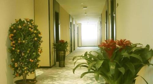 a hallway with potted plants in a building with a door at GreenTree Inn Yichun Mingyueshan Airport in Yichun