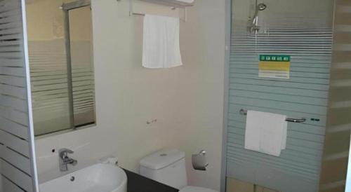 a bathroom with a toilet and a sink and a mirror at GreenTree Inn Gaoyou Government in Yangzhou