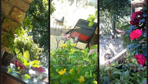four pictures of a garden with flowers and a bench at Om'Sleeping B&B in Laudun