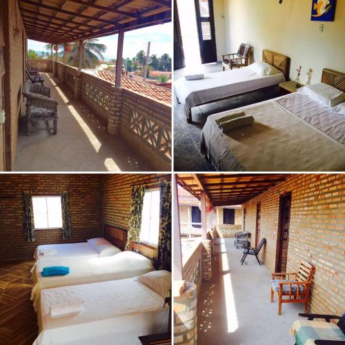 three pictures of a room with beds in it at Pousada Sol e Mar in Parajuru