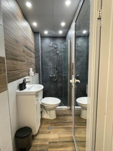 a bathroom with a shower and a toilet and a sink at Atila Apartment Ruse in Ruse