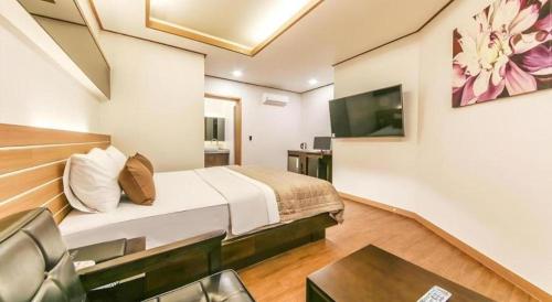 a hotel room with a bed and a tv at H Hotel in Ulsan