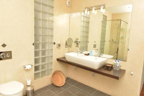 a bathroom with a sink and a toilet and a mirror at D Villas in Colombo