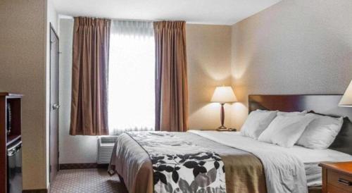 a hotel room with a bed and a window at Rodeway Inn & Suites Salina South in Salina