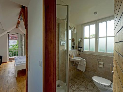 a bathroom with a shower and a toilet and a sink at Pension-Gaststätte Paradies in Freiburg im Breisgau