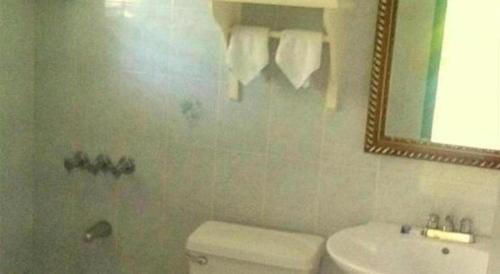 a bathroom with a toilet and a sink and a mirror at Gold Nugget Hotel in Negril