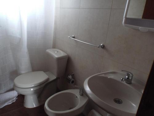 a bathroom with a white toilet and a sink at El Remanso De Almiron in Termas de Almirón Inmotur