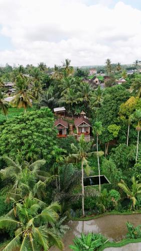 an aerial view of a village with palm trees and houses at Lombok Riverside Bungalows in Masbagik
