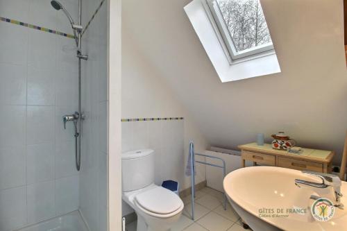 a bathroom with a toilet and a shower and a sink at La horen in Plérin