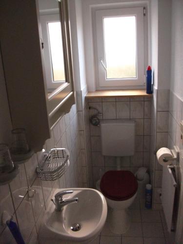 a small bathroom with a toilet and a sink at Fewo Benedikta in Beuron