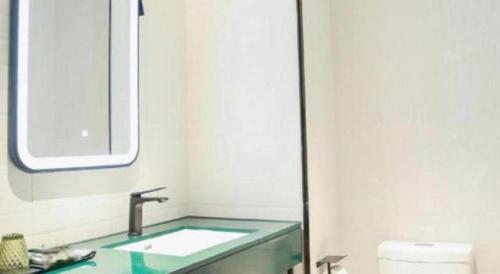 a bathroom with a sink and a mirror at City Comfort Premier Hotel Xiaogan Anlu Railway Station Dongda Times Square in Xiaogan