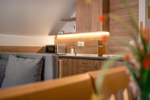 a kitchen with a sink and a microwave in a room at Apartmány Zaria in Bešeňová