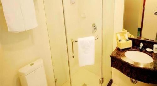 a bathroom with a sink and a toilet at GreenTree Inn Xuzhou High Speed Railway Zhangqian Square Business Hotel in Xuzhou